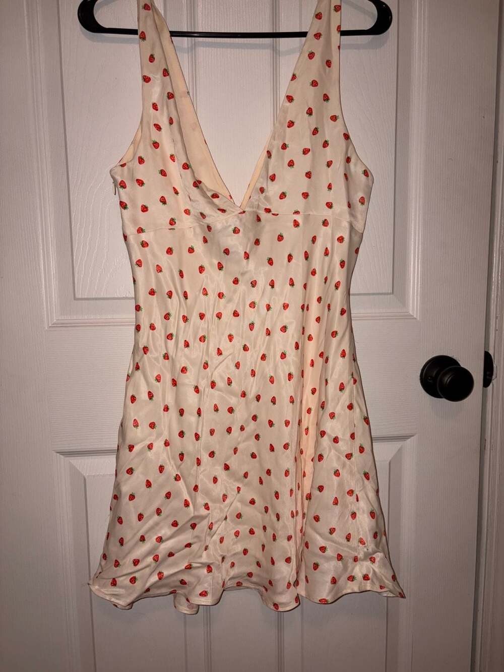 Zara Satin Strawberry Print V-Neck Sleeveless Mini Dress